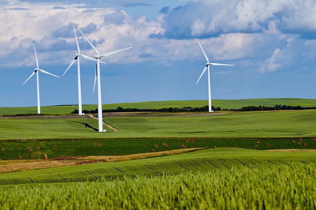 Vindkraftverk på gröna fält som genererar förnybar el.